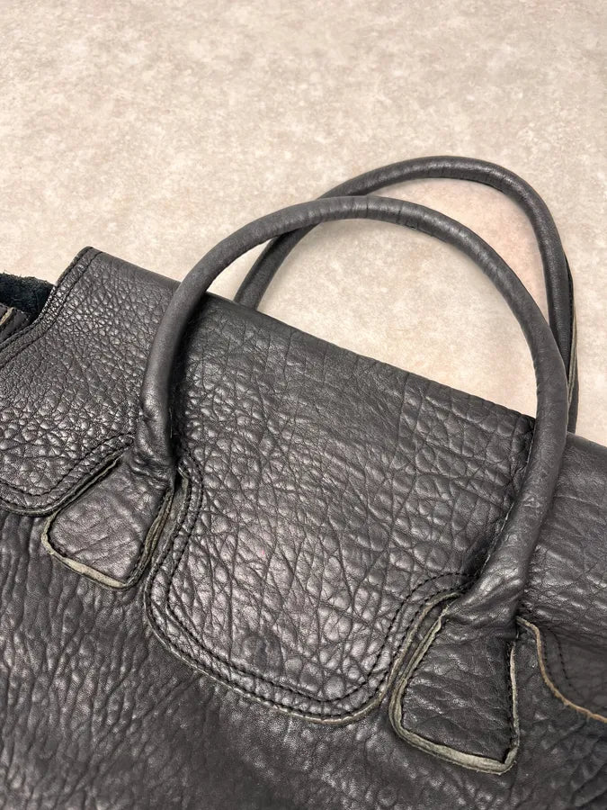 2000s Massimo Rebecchi Raw Black Leather Handle Bag YxnHRcy 3
