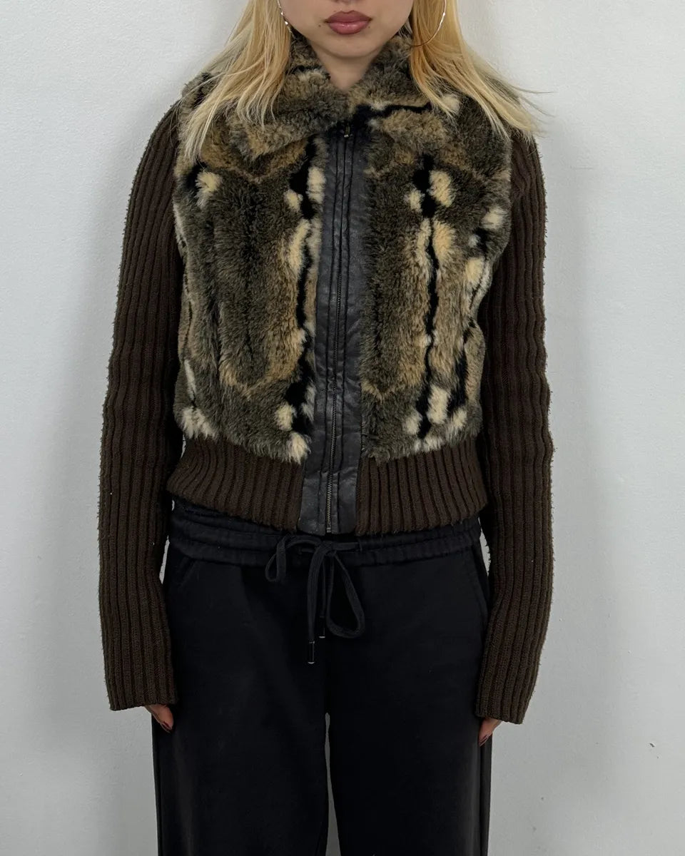 2000s Miss Sixty Fake Fur Brown Wool Sleeves Jacket foDcwPn 0