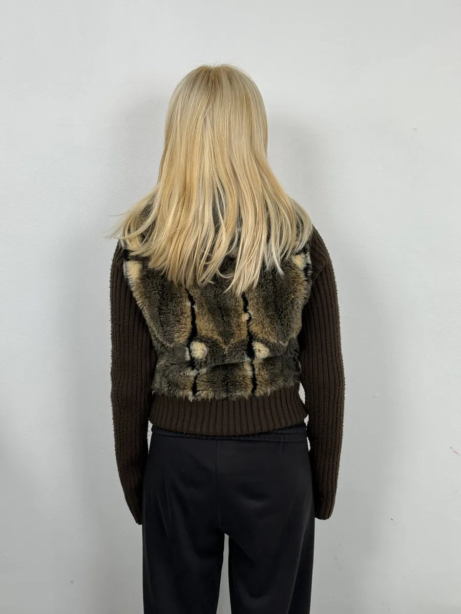 2000s Miss Sixty Fake Fur Brown Wool Sleeves Jacket foDcwPn 1