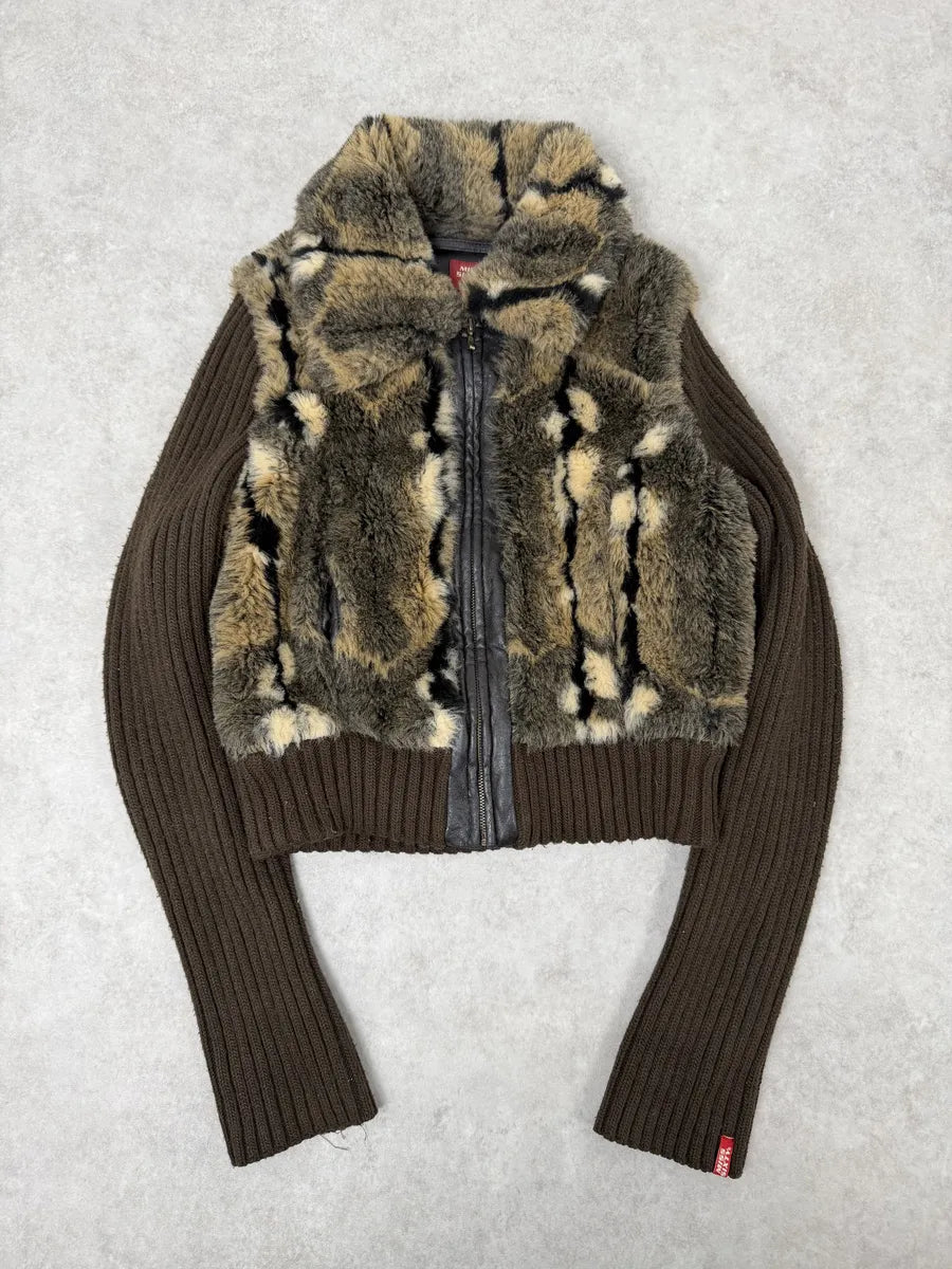 2000s Miss Sixty Fake Fur Brown Wool Sleeves Jacket foDcwPn 2