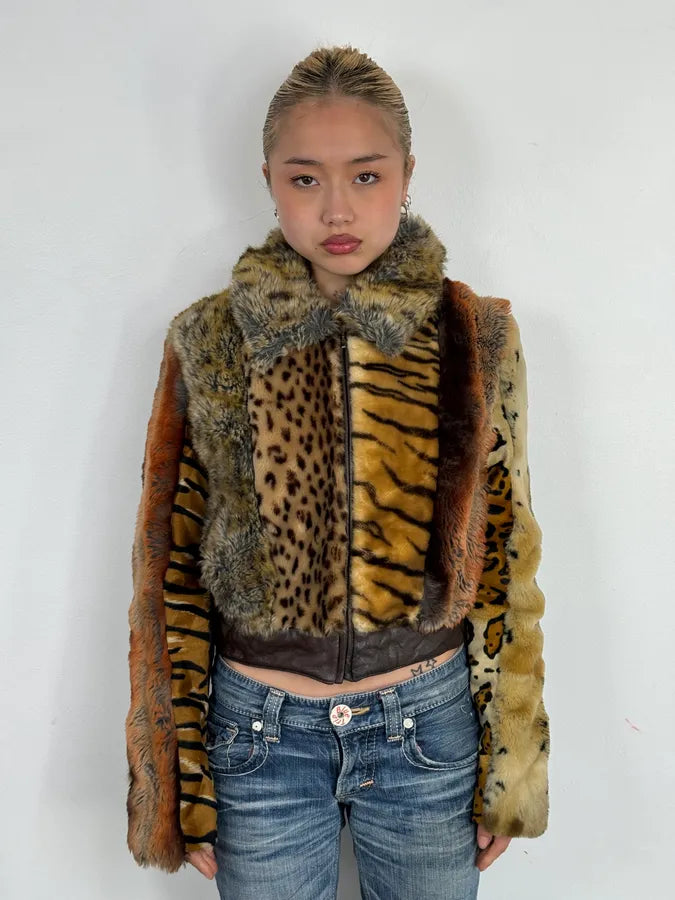 2000s Miss Sixty Leopard Tiger Patchwork Faux Fur Jacket fIrsbER 1
