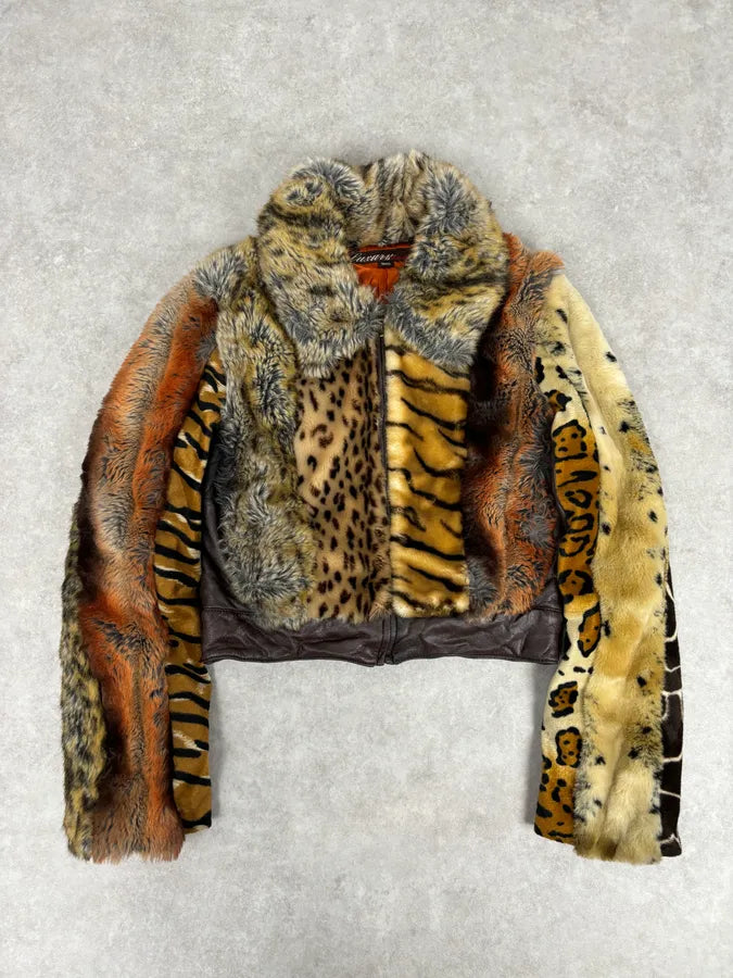 2000s Miss Sixty Leopard Tiger Patchwork Faux Fur Jacket fIrsbER 0
