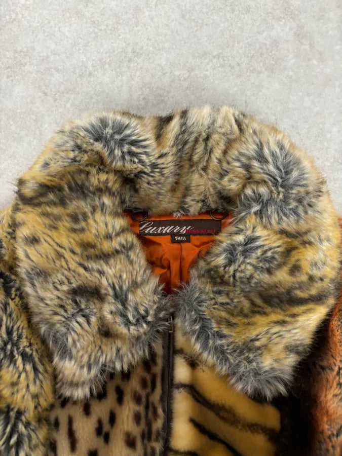 2000s Miss Sixty Leopard Tiger Patchwork Faux Fur Jacket fIrsbER 3