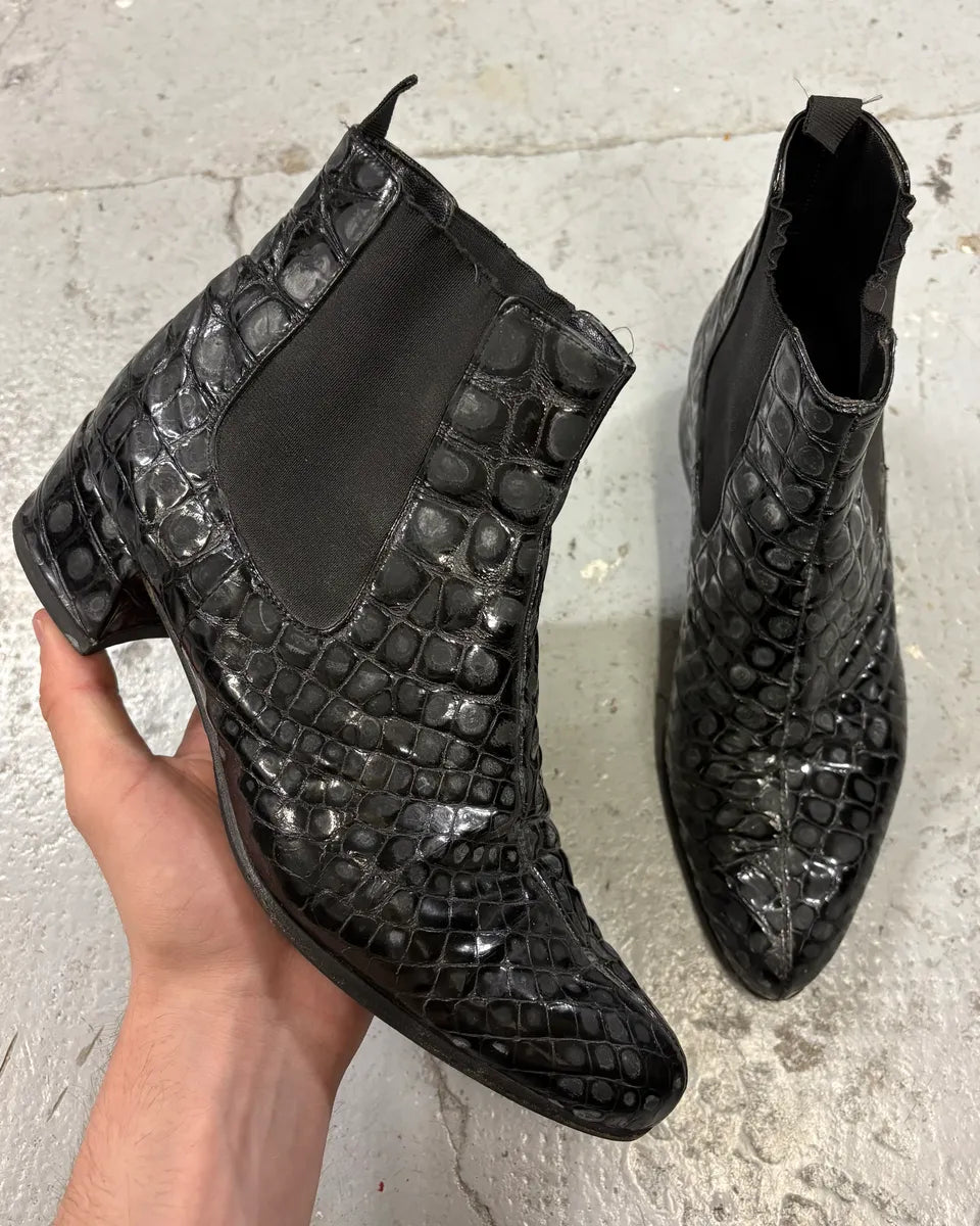 2000s Miu Miu Black Crocodile Embossed Leather Ankle Boots (38eu/us5.5) AdTAQht 0