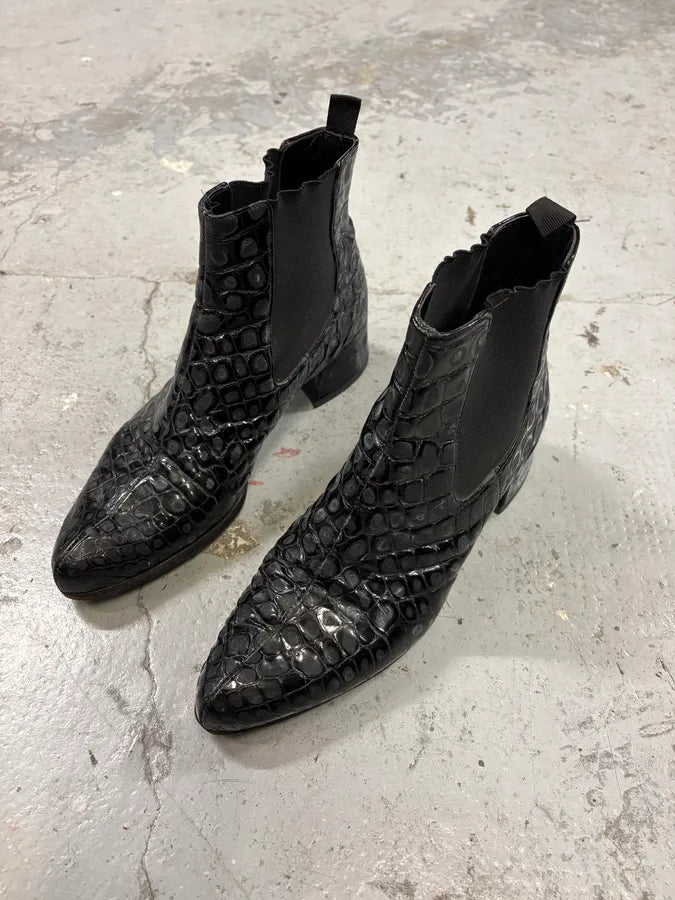 2000s Miu Miu Black Crocodile Embossed Leather Ankle Boots (38eu/us5.5) AdTAQht 2