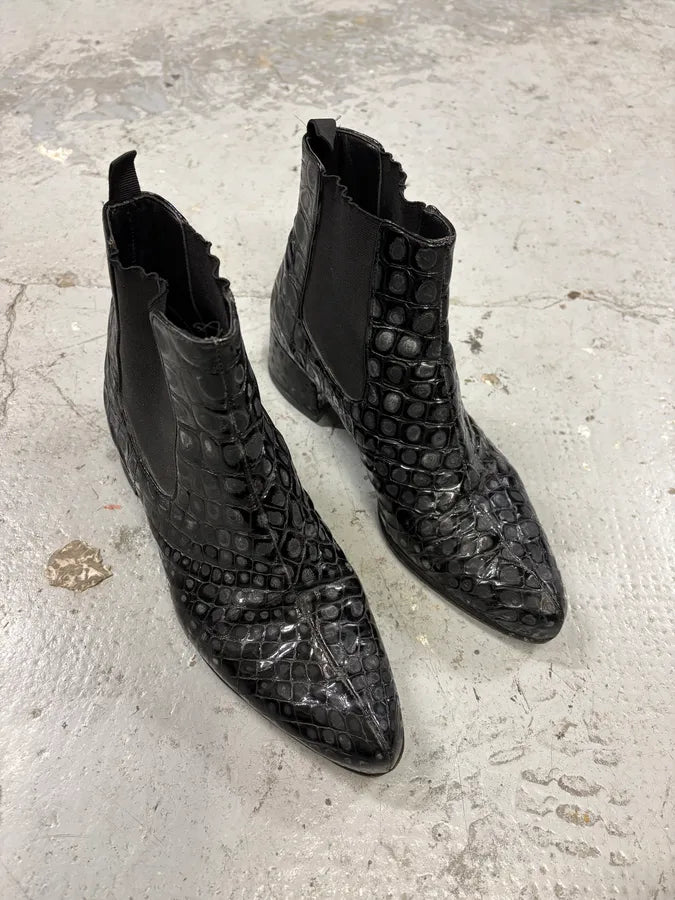 2000s Miu Miu Black Crocodile Embossed Leather Ankle Boots (38eu/us5.5) AdTAQht 3