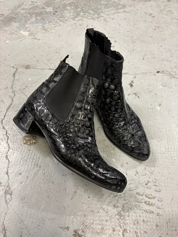 2000s Miu Miu Black Crocodile Embossed Leather Ankle Boots (38eu/us5.5) AdTAQht 4