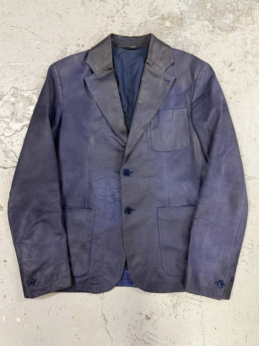 2000s Miu Miu Blue Gradient Eroded Leather Blazer Jacket lHaVrqi 0