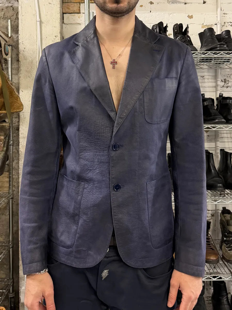 2000s Miu Miu Blue Gradient Eroded Leather Blazer Jacket lHaVrqi 2
