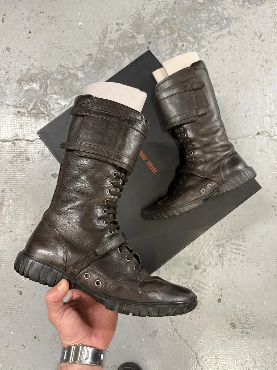 2000s Miu Miu Brown Combat Ankle Leather Boots (41eu/us8) bZKmoPP 0
