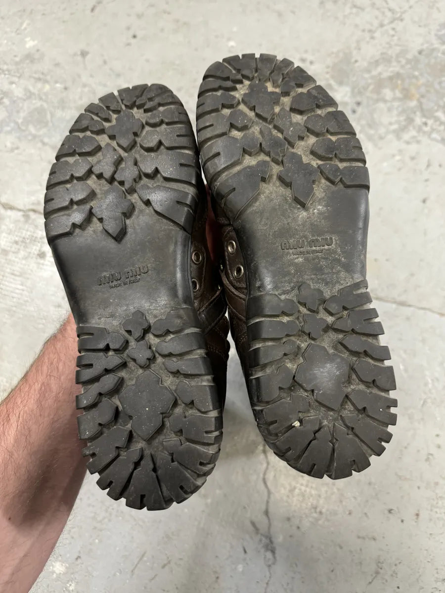 2000s Miu Miu Brown Combat Ankle Leather Boots (41eu/us8) bZKmoPP 5