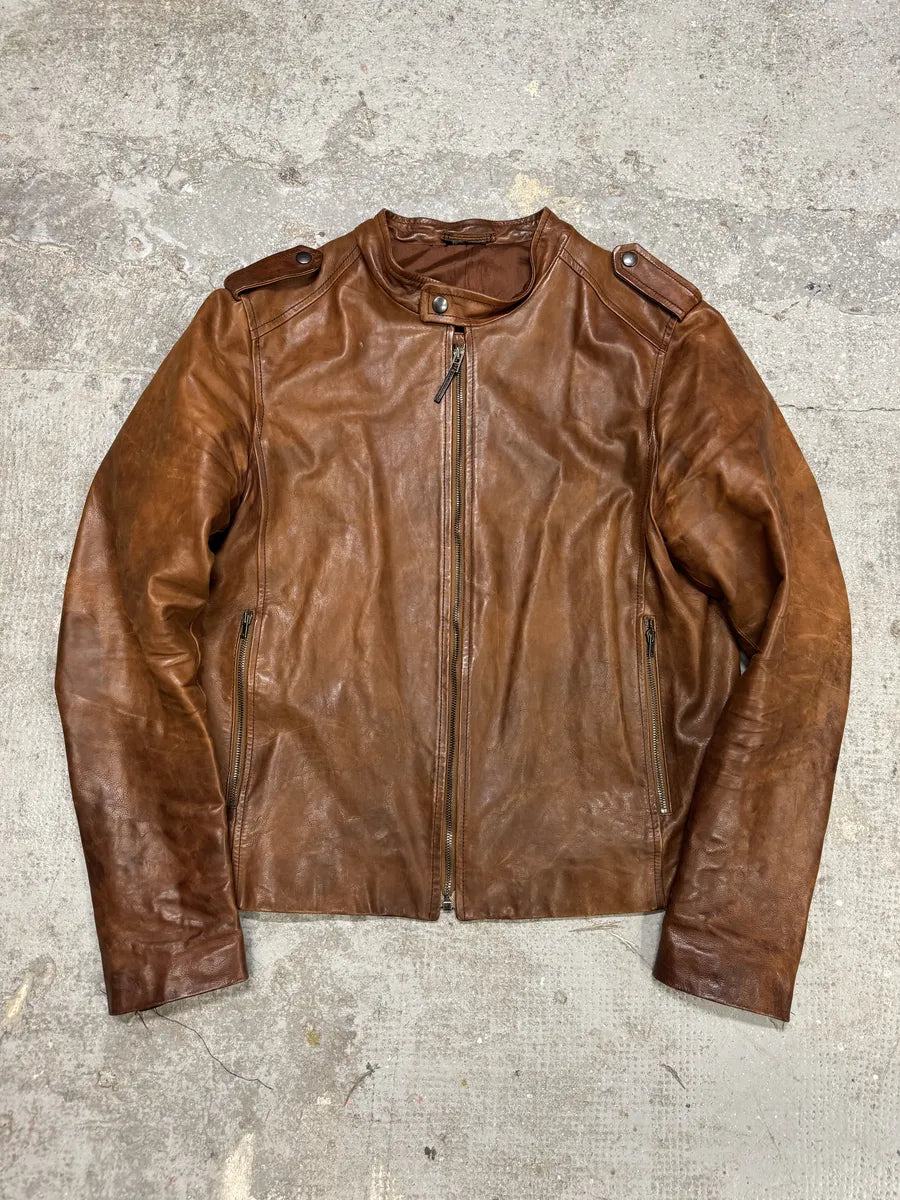 2000s Miu Miu Brown Leather Minimalist Jacket Yuxpufa 0