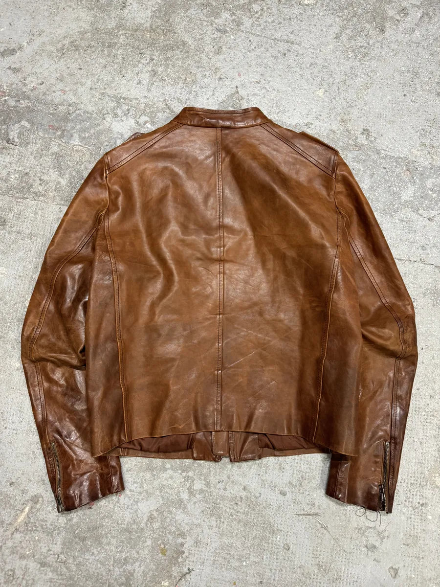 2000s Miu Miu Brown Leather Minimalist Jacket Yuxpufa 1