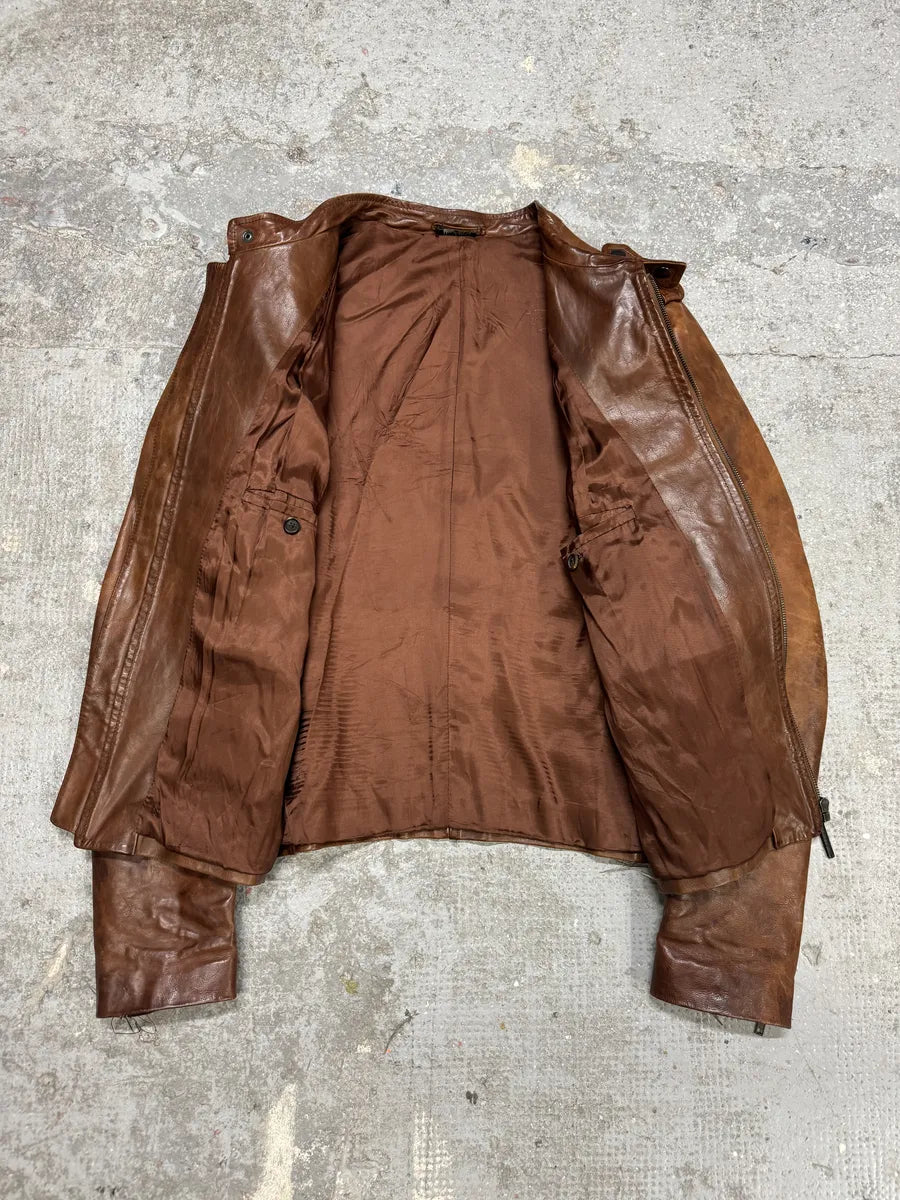 2000s Miu Miu Brown Leather Minimalist Jacket Yuxpufa 2