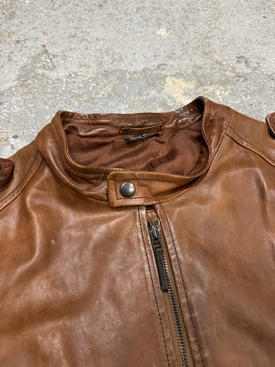 2000s Miu Miu Brown Leather Minimalist Jacket Yuxpufa 4