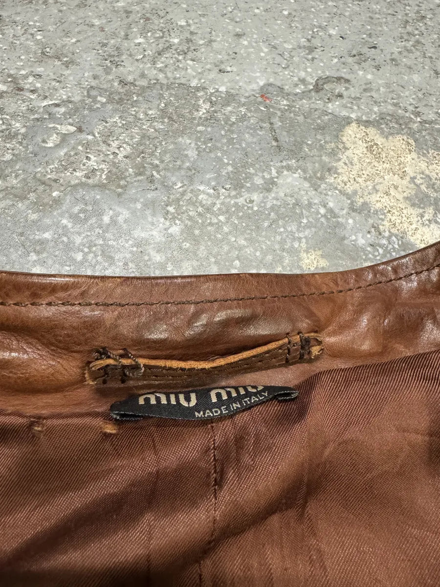 2000s Miu Miu Brown Leather Minimalist Jacket Yuxpufa 6