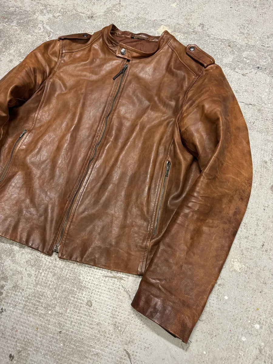 2000s Miu Miu Brown Leather Minimalist Jacket Yuxpufa 7