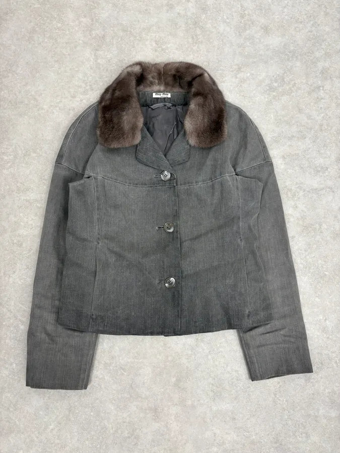2000s Miu Miu Grey Mink Fur Collar Classy Jacket tZhVVAo 0