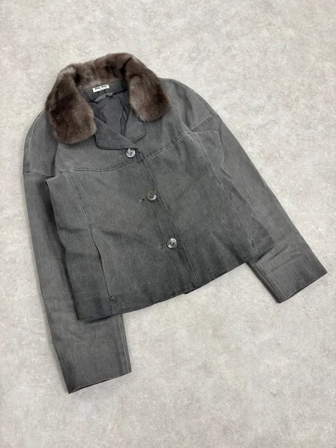 2000s Miu Miu Grey Mink Fur Collar Classy Jacket tZhVVAo 3