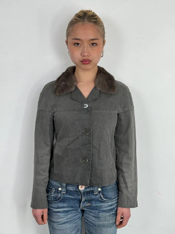 2000s Miu Miu Grey Mink Fur Collar Classy Jacket tZhVVAo 1