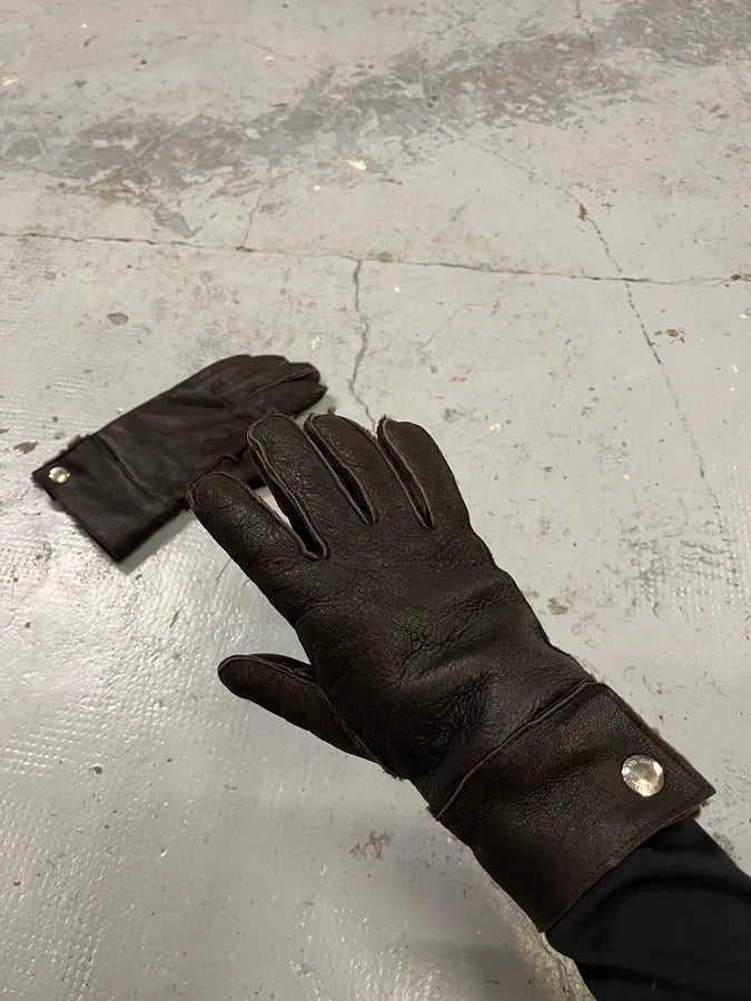 2000s Miu Miu Shearling Brown Leather Gloves lhaMLwW 0
