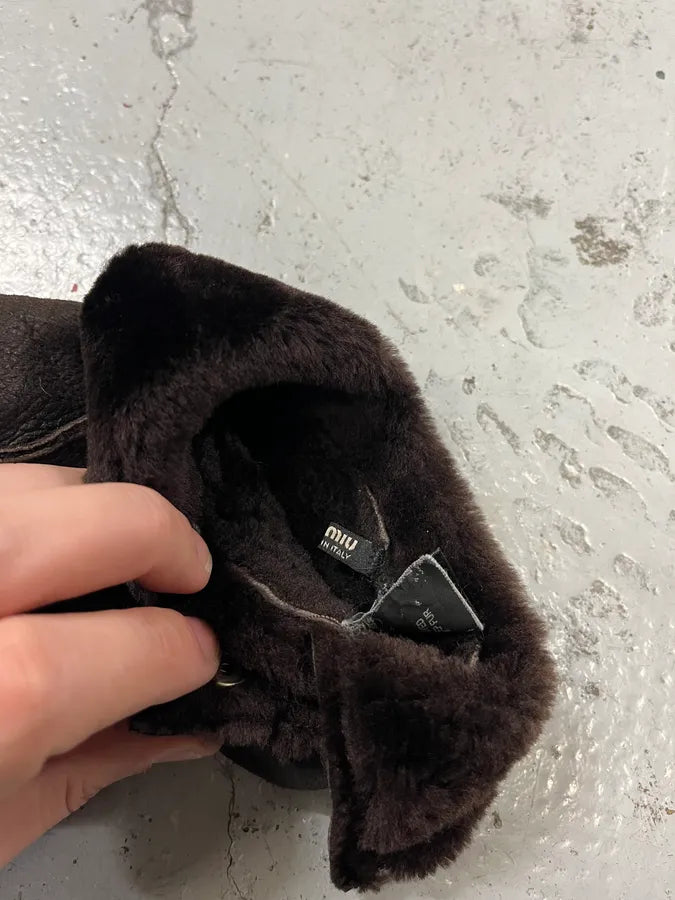2000s Miu Miu Shearling Brown Leather Gloves lhaMLwW 7