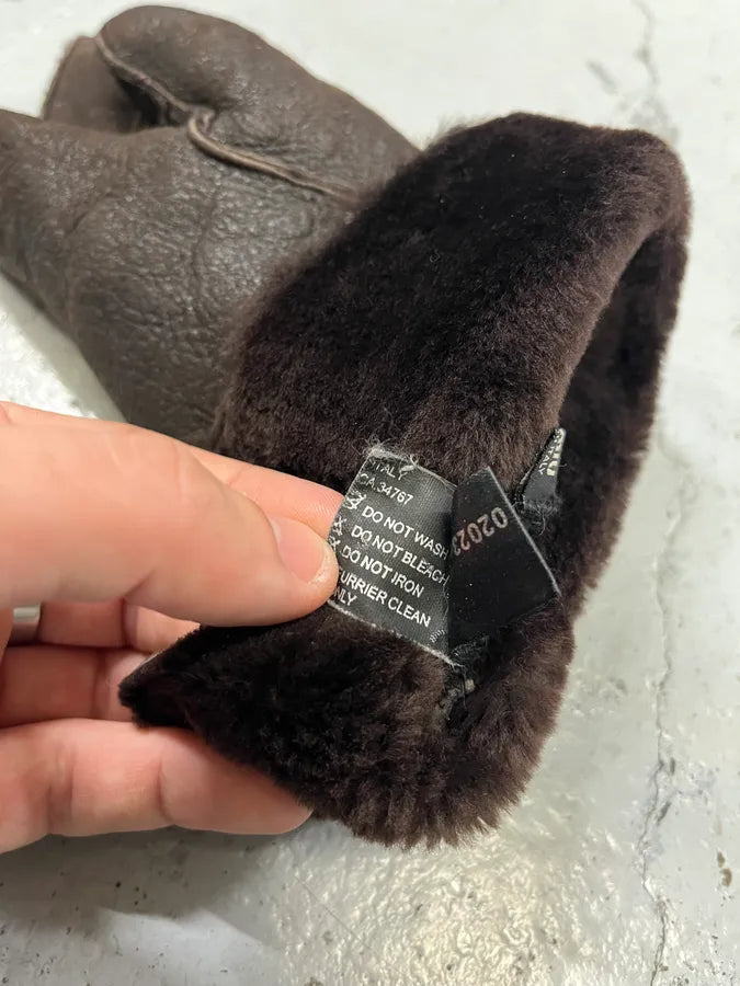 2000s Miu Miu Shearling Brown Leather Gloves lhaMLwW 9