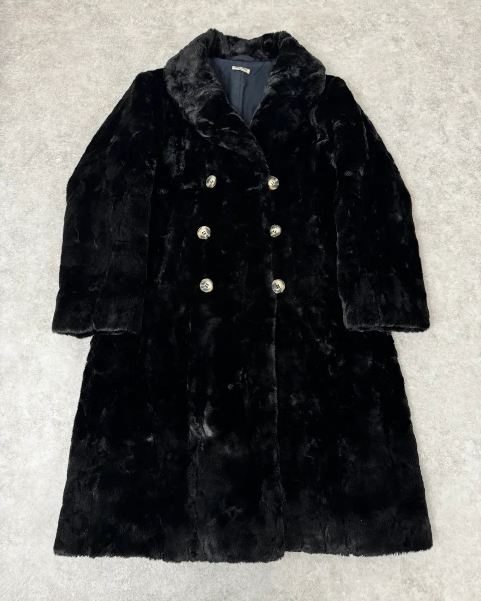 2000s MiuMiu Black Faux Fur Officer Trench Coat QyepRZK 0