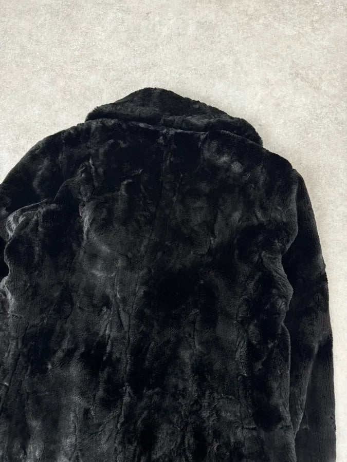 2000s MiuMiu Black Faux Fur Officer Trench Coat QyepRZK 6