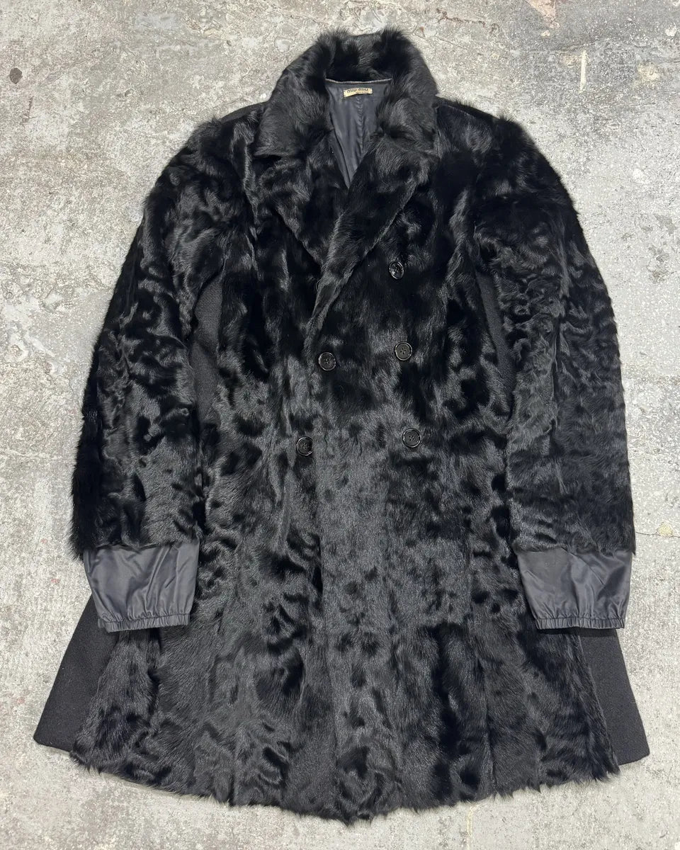 2000s MiuMiu Black Goat Fur Coat Hybrid Nylon Buttoned Coat fsVZbbQ 0