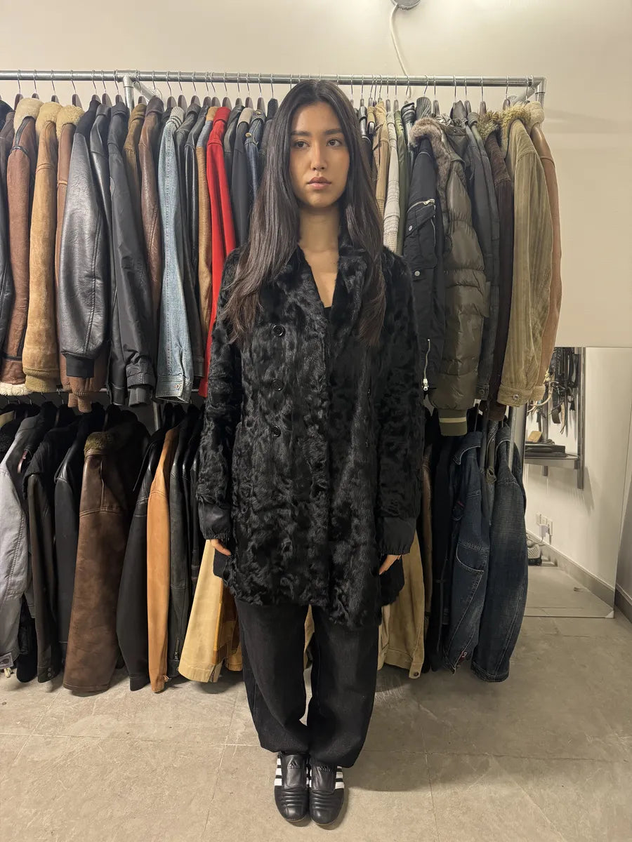 2000s MiuMiu Black Goat Fur Coat Hybrid Nylon Buttoned Coat fsVZbbQ 1