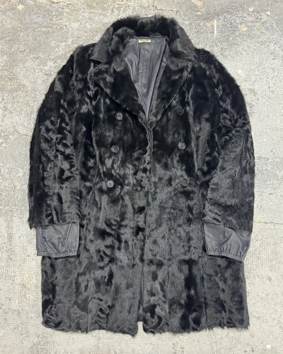 2000s MiuMiu Black Goat Fur Coat Hybrid Nylon Buttoned Coat fsVZbbQ 2