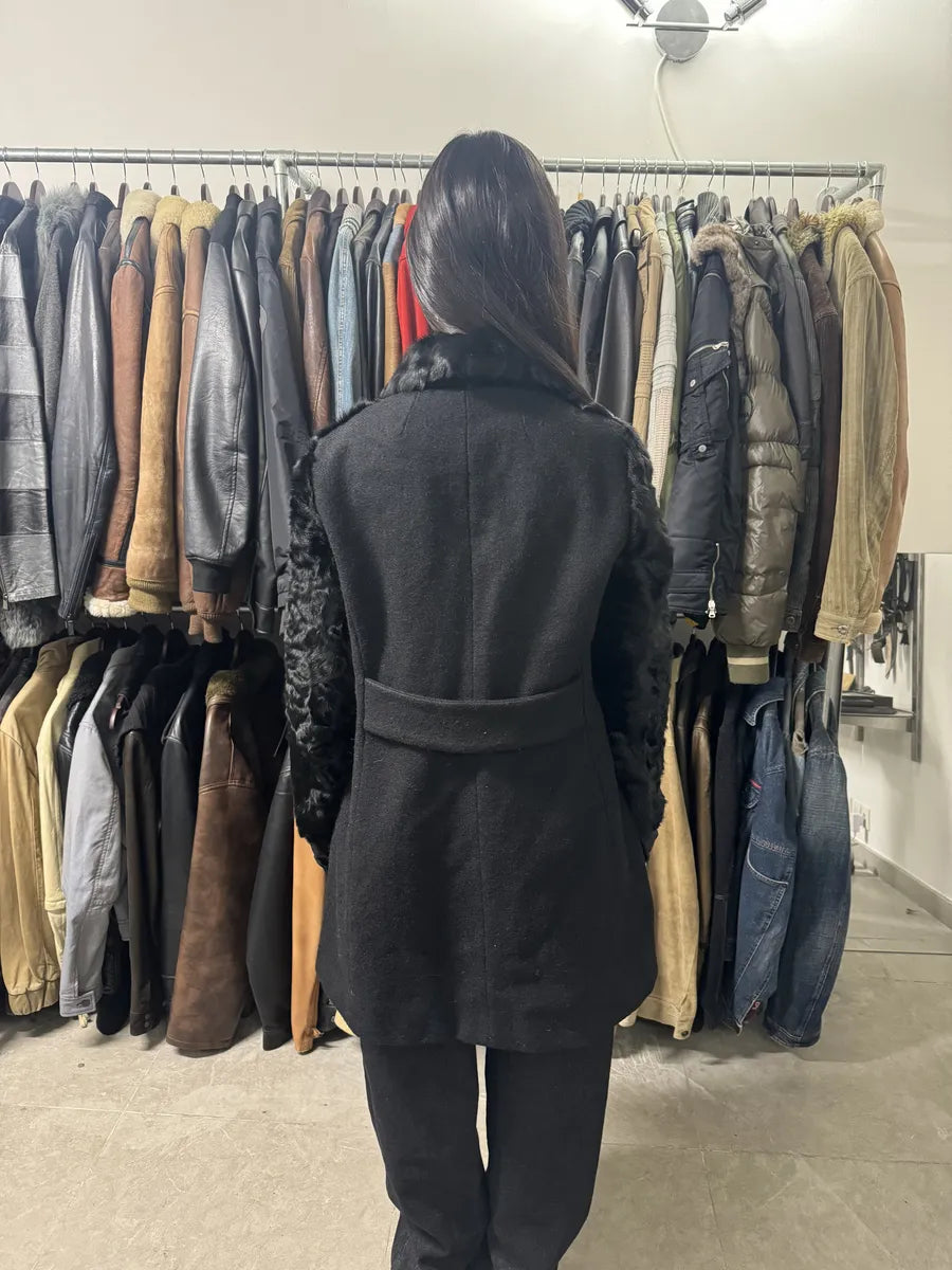 2000s MiuMiu Black Goat Fur Coat Hybrid Nylon Buttoned Coat fsVZbbQ 3