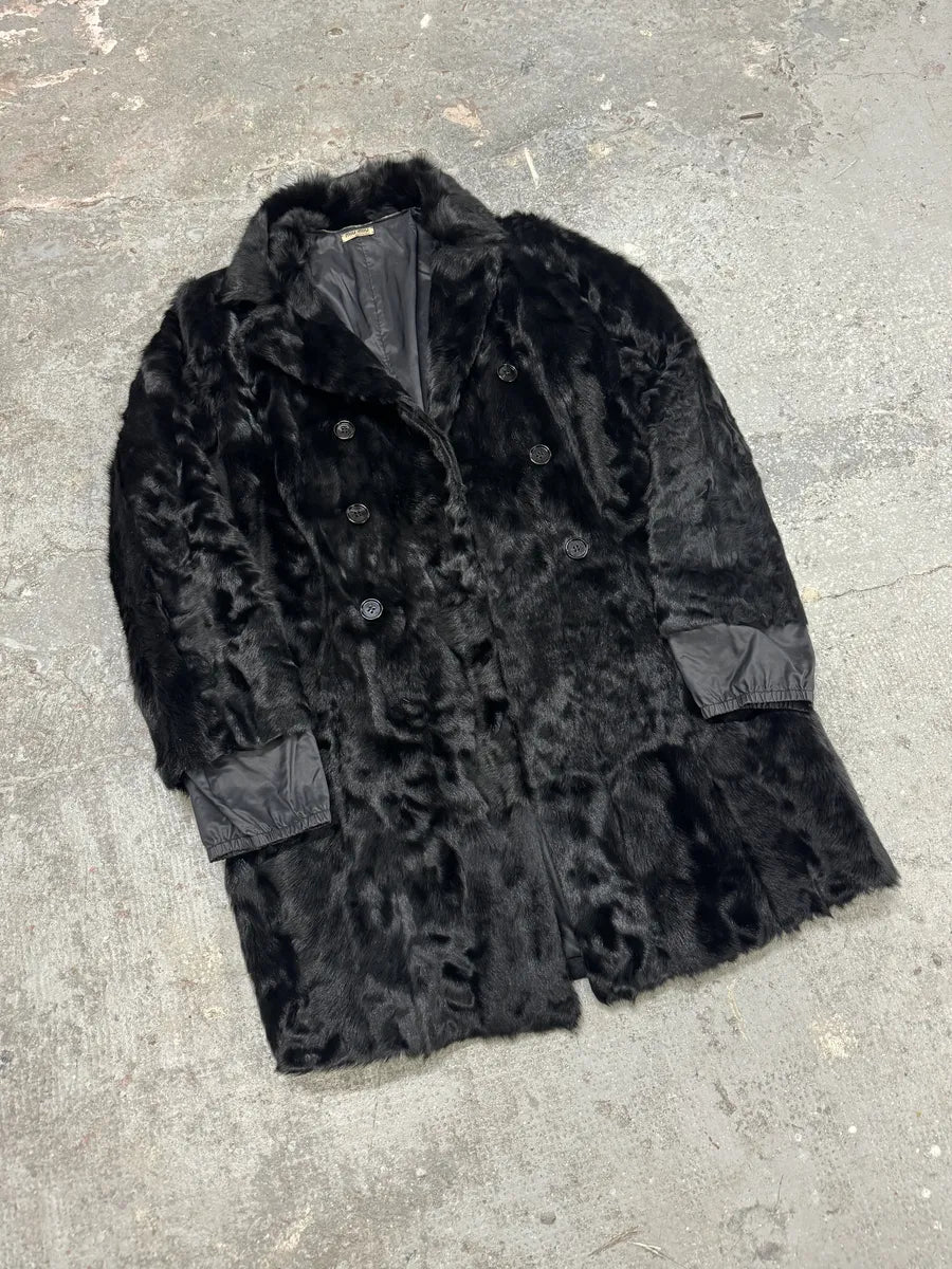 2000s MiuMiu Black Goat Fur Coat Hybrid Nylon Buttoned Coat fsVZbbQ 7