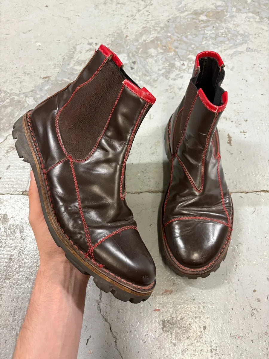 2000s MiuMiu Brown Red Seams Ankle Leather Boots pnNilii 0
