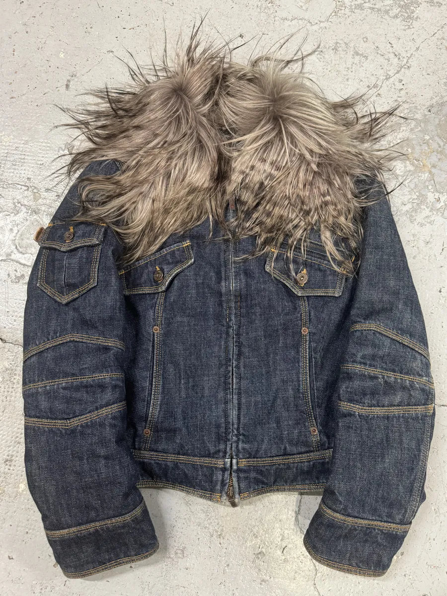 2000s Moschino Astro Fur Biker Faded Denim Jacket cmTFoLS 0