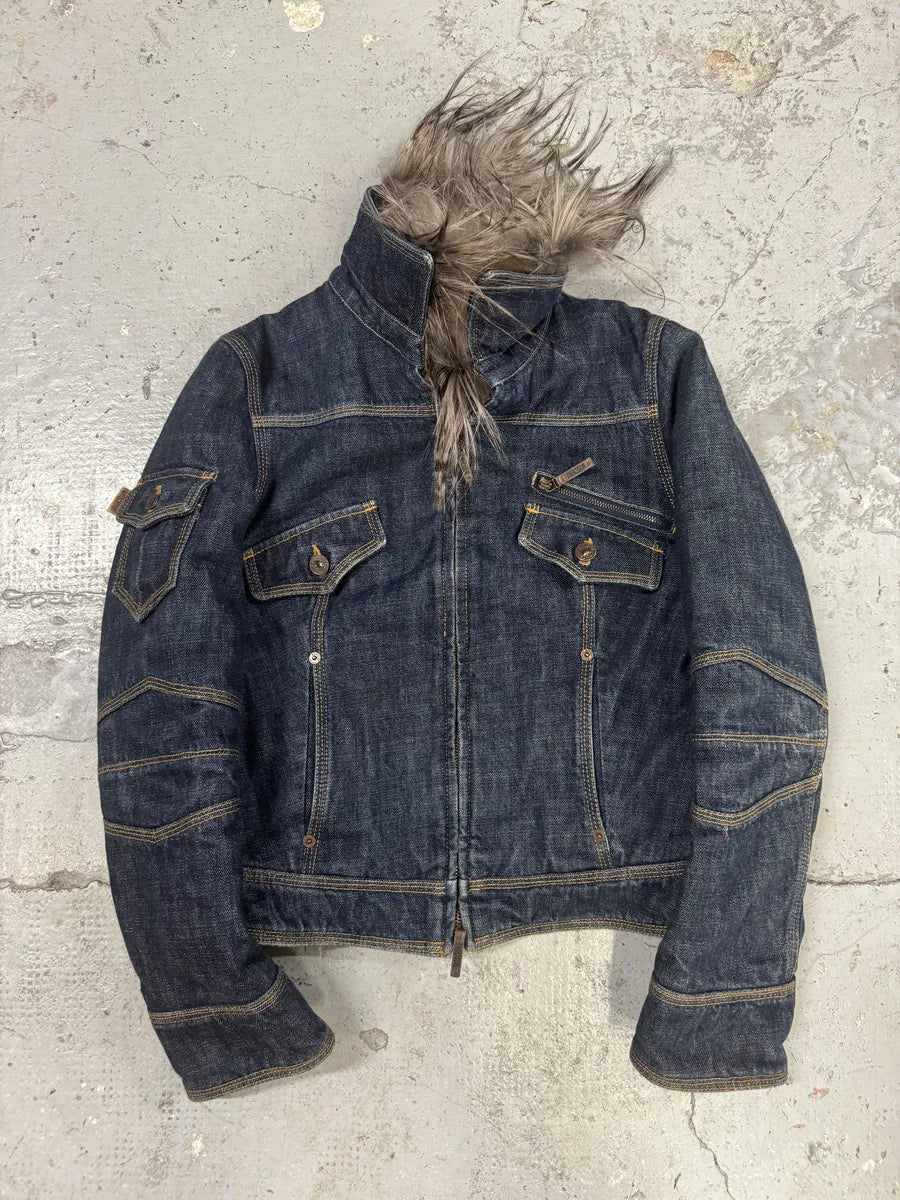 2000s Moschino Astro Fur Biker Faded Denim Jacket cmTFoLS 1