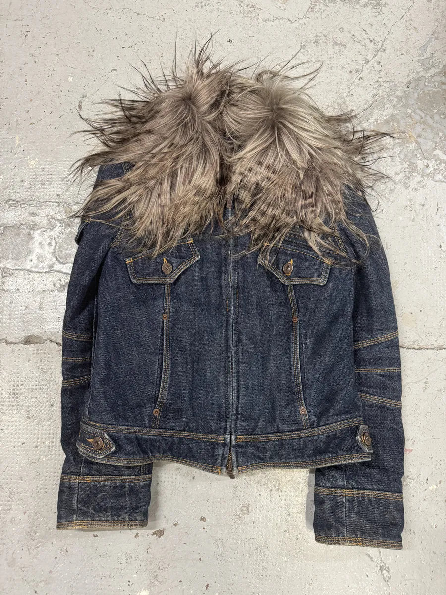 2000s Moschino Astro Fur Biker Faded Denim Jacket cmTFoLS 3