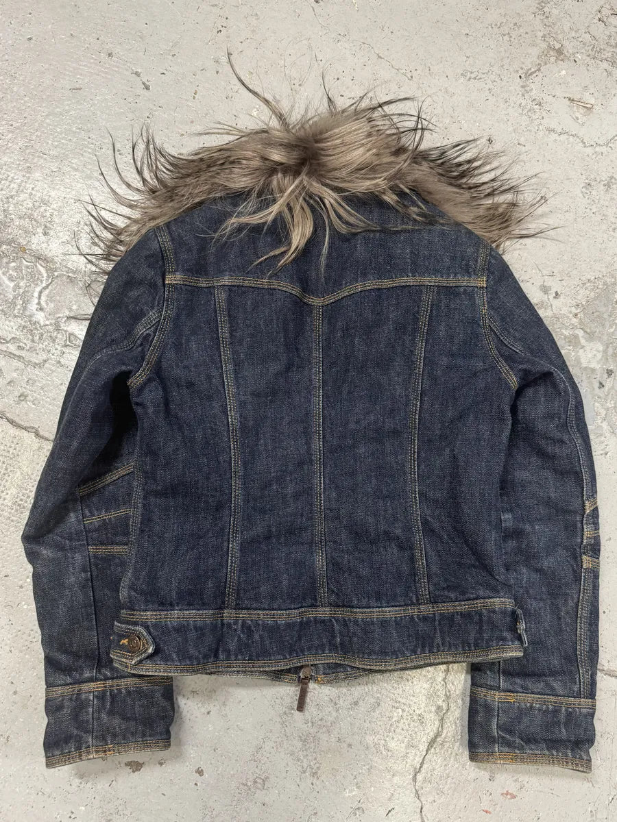 2000s Moschino Astro Fur Biker Faded Denim Jacket cmTFoLS 4