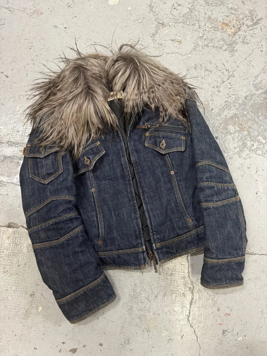 2000s Moschino Astro Fur Biker Faded Denim Jacket cmTFoLS 5