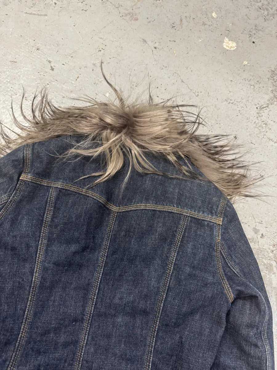 2000s Moschino Astro Fur Biker Faded Denim Jacket cmTFoLS 8