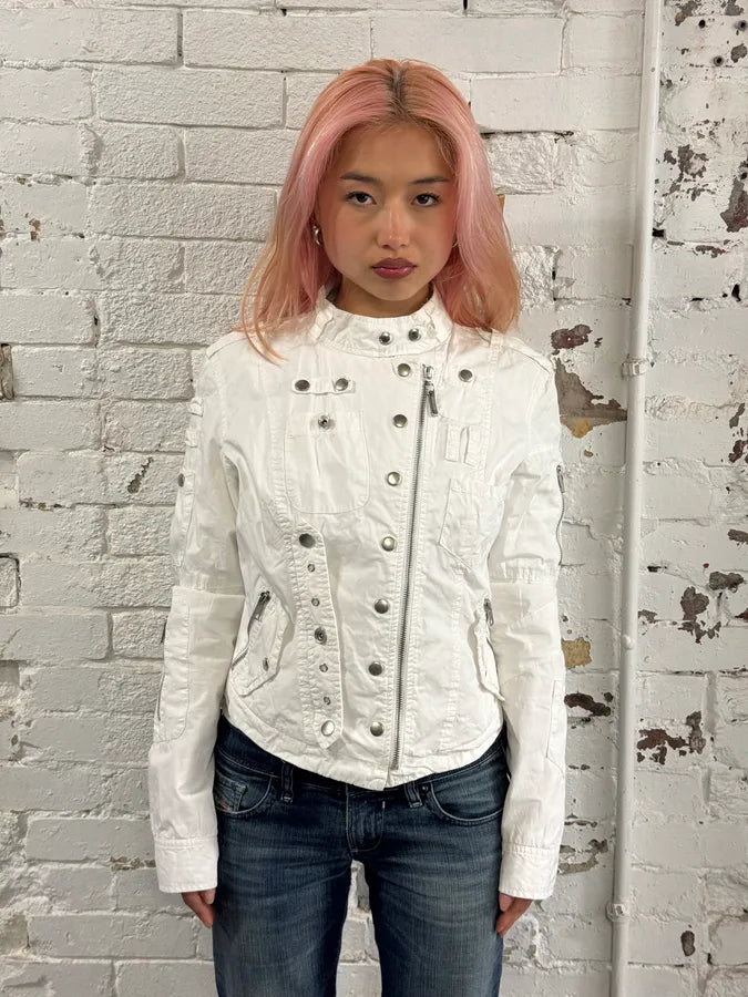 2000s Moschino Asymmetrical Zip Cargo White Jacket ZXAyvkm 0