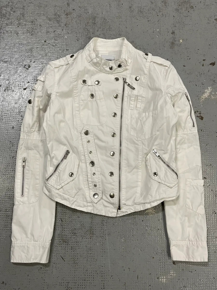 2000s Moschino Asymmetrical Zip Cargo White Jacket ZXAyvkm 2
