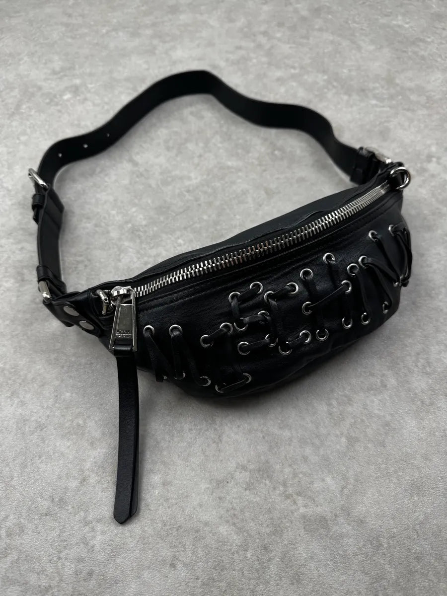 2000s Moschino Black Laced Eyelet Leather Bag hPdqtOF 3
