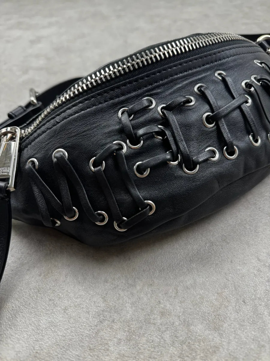 2000s Moschino Black Laced Eyelet Leather Bag hPdqtOF 4
