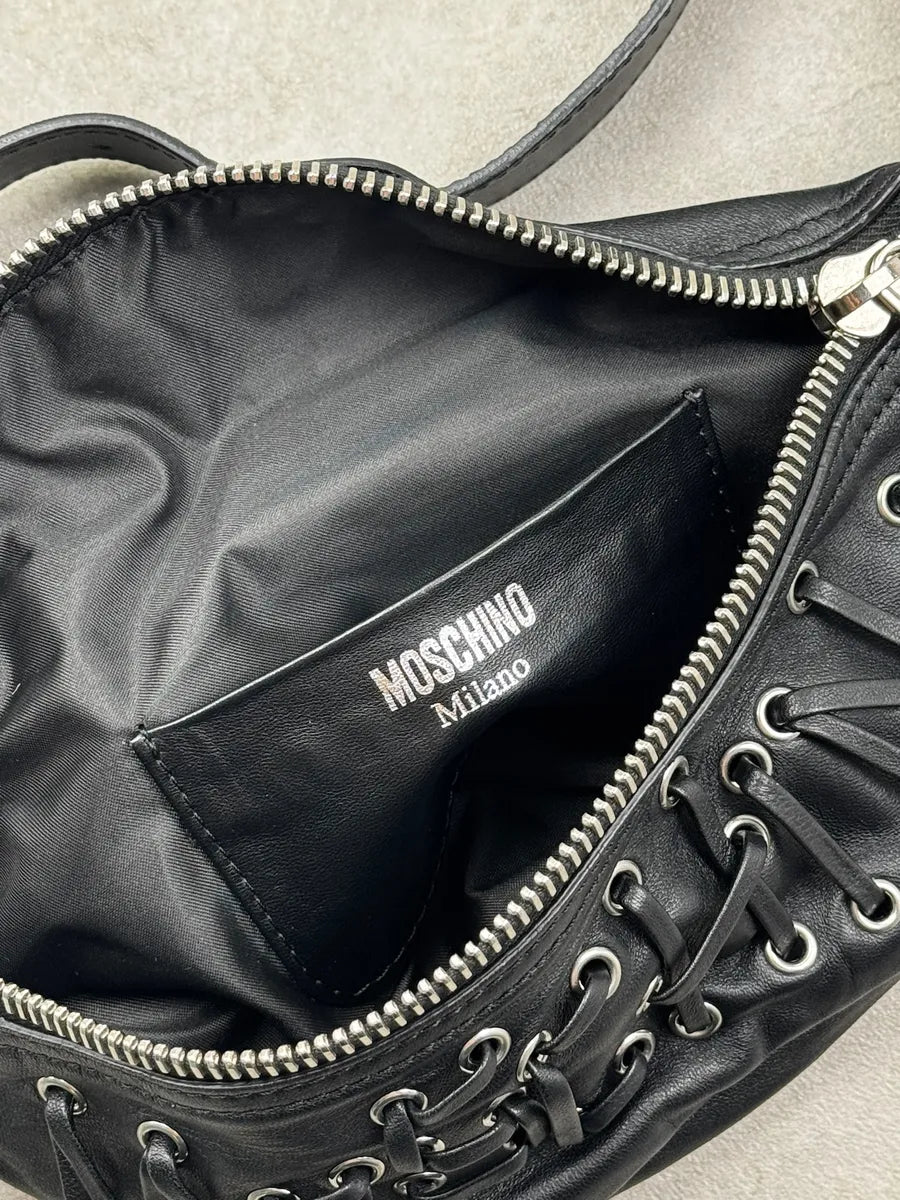 2000s Moschino Black Laced Eyelet Leather Bag hPdqtOF 11
