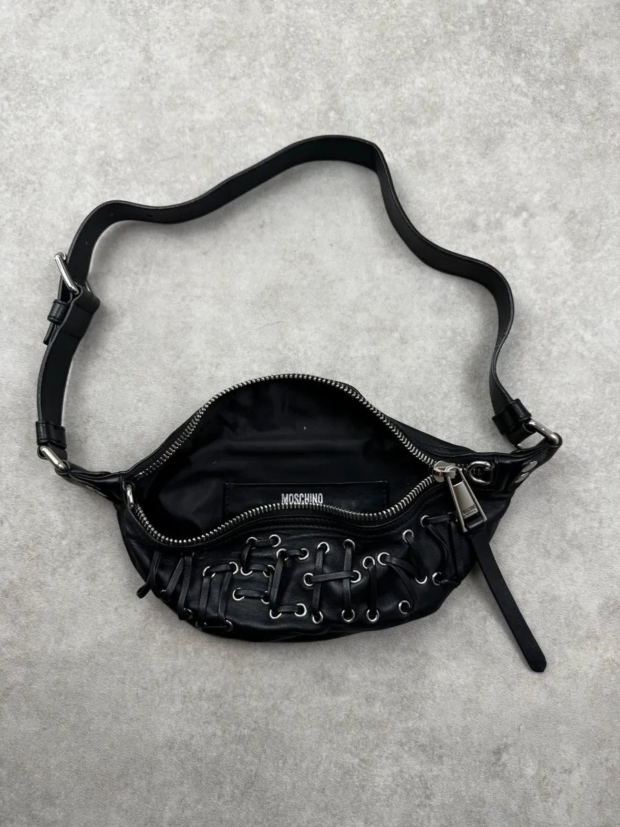 2000s Moschino Black Laced Eyelet Leather Bag hPdqtOF 7