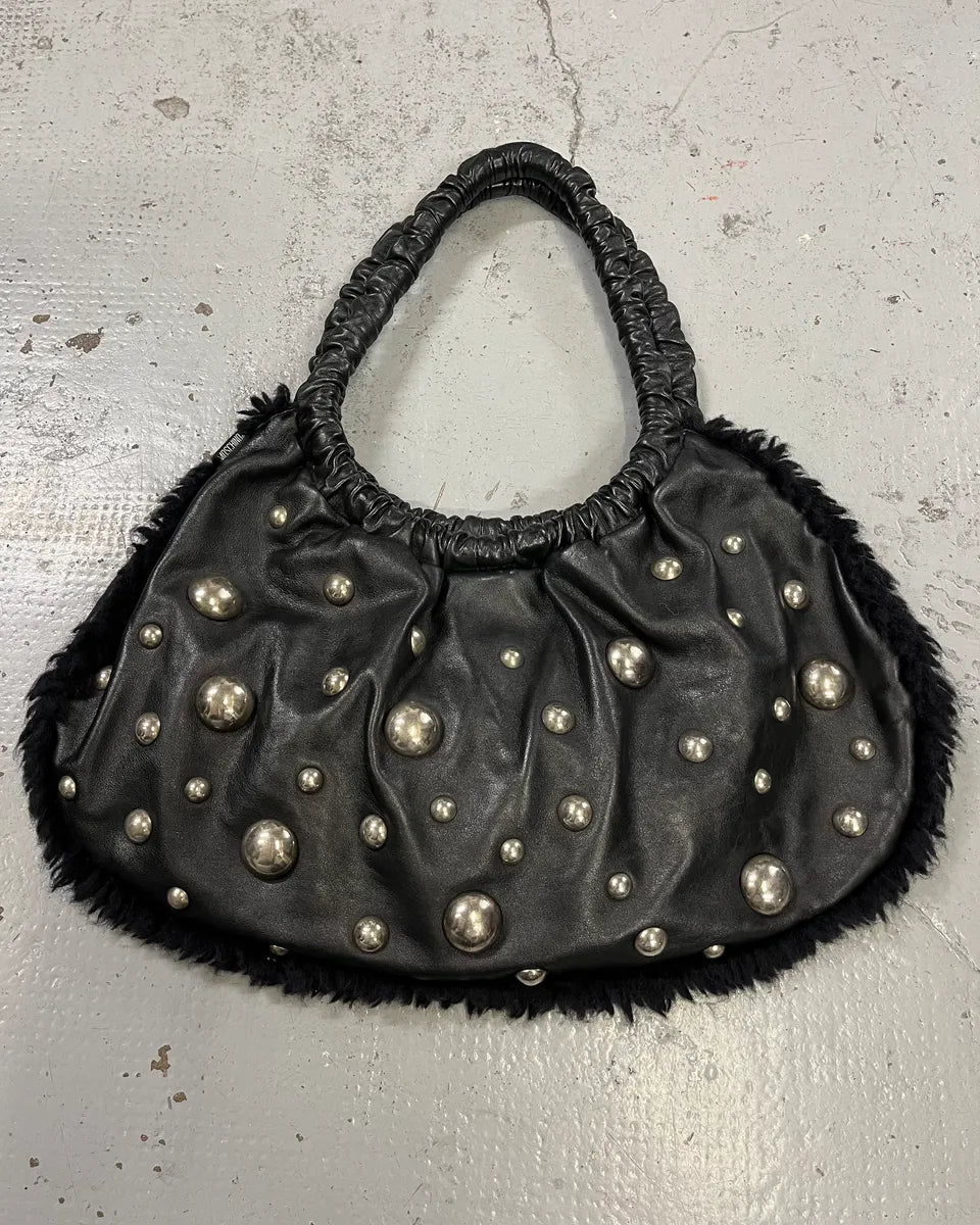 2000s Moschino Black Leather Studded Shoulder Bag wmxVplY 0