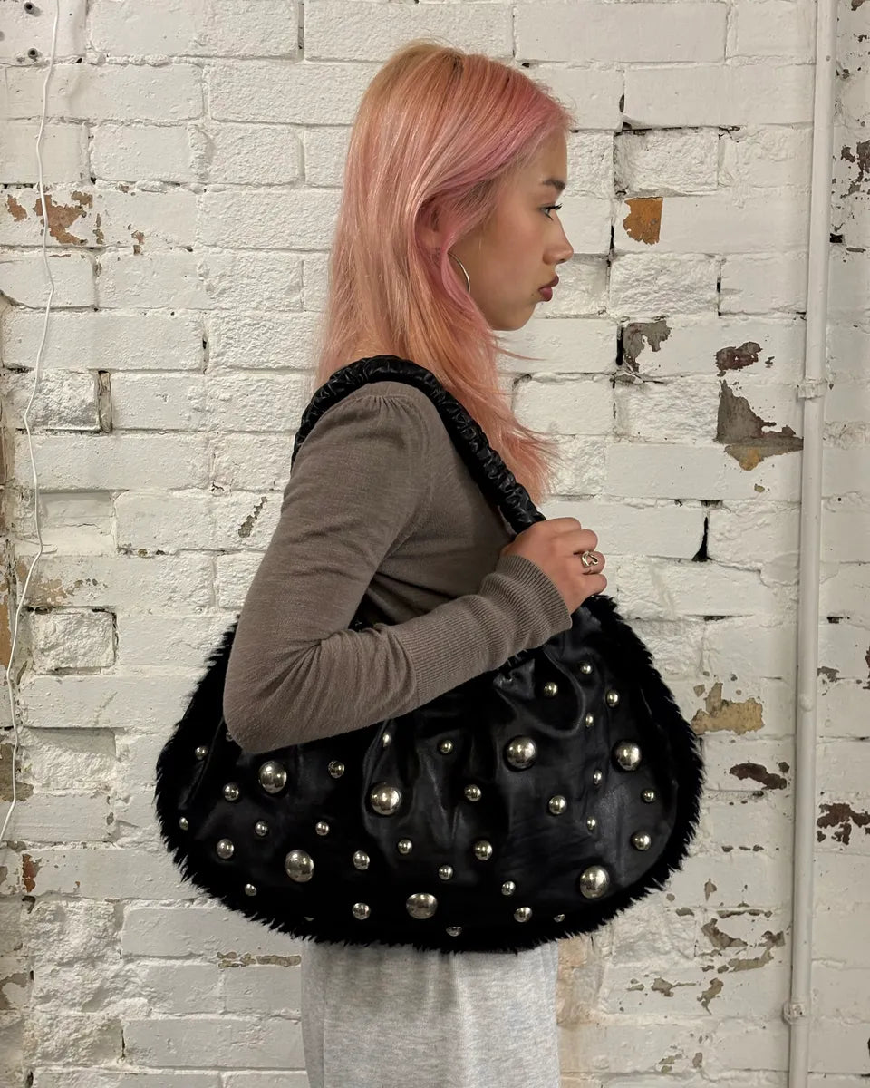 2000s Moschino Black Leather Studded Shoulder Bag wmxVplY 1