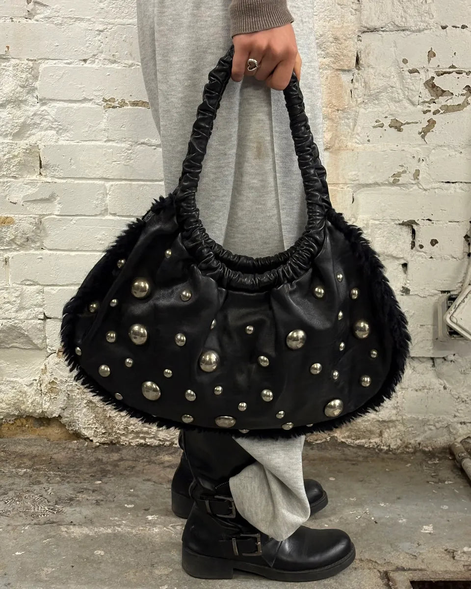 2000s Moschino Black Leather Studded Shoulder Bag wmxVplY 2